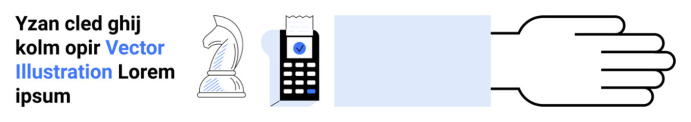 Chess knight, classic cellphone, printed receipt, extended hand, and abstract text. Ideal for strategy, communication, transaction, partnership technology decision-making finance simple landing