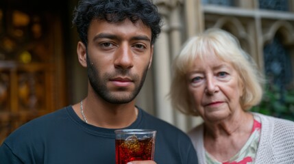 Young man holding glass with elderly woman in background - multigenerational bond concept