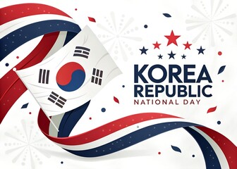 A dynamic flat illustration featuring the South Korean flag, ribbons in national colors, stars, and fireworks, commemorating Korea Republic National Day