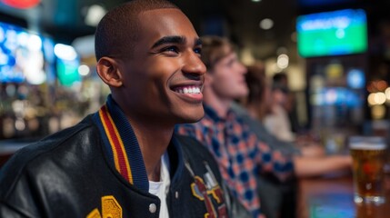 Young pirate in varsity jacket enjoys social evening at bar