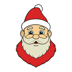 Cheerful cartoon face of Santa Claus with rosy cheeks, twinkling eyes, a fluffy white beard, red hat with a pom-pom, and a big jolly smile full of holiday spirit.

