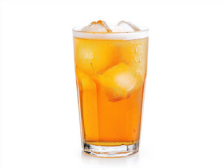 Tall glass filled with iced tea and ice cubes is shown against a white background, with condensation on the outside of the glass