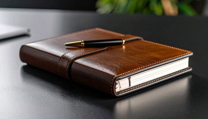 Luxurious Brown Leather Journal and Gold Pen on Desk.