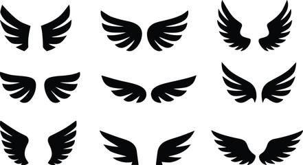 Fototapeta premium Wings icon, Black wing silhouettes, Angel and bird wings icons, Wings collection in different shapes