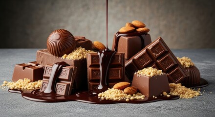 Delicious chocolate assortment with almonds and drizzled chocolate for national ice cream day celebration
