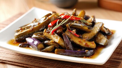 Delicious stir-fried eggplant with garlic red chili and soy sauce served on a white dish, flavorful vegetable dish perfect for lunch or dinner, close-up