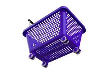 Purple Plastic Wheeled Shopping Basket with Pull Handle - Studio Photo, Isolated on Transparent PNG Background - High Resolution Object for E-commerce, Retail, Store, Grocery - Easy Carry Solution