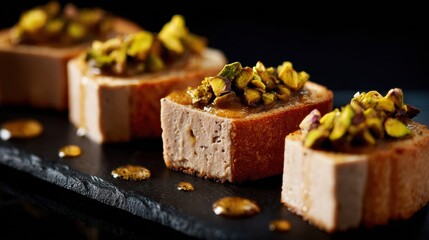 Delicious creamy pistachio dessert slices topped with chopped pistachios and caramelized syrup served on a black slate plate for a sweet treat