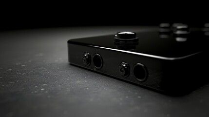 A black rectangular object with two circular holes and a knob on top.