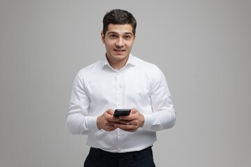 Young man in white shirt using smartphone in studio setting during vibrant social interaction moment