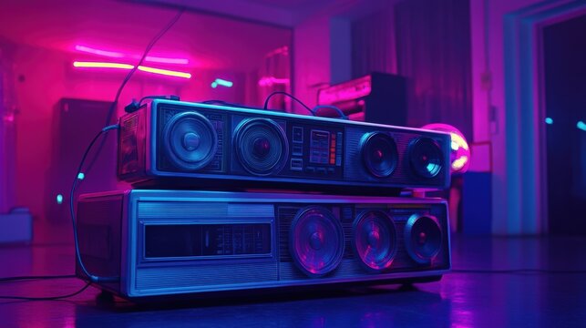 A 1980s house party with boomboxes, neon lights, and glow sticks for a nostalgic dance-off