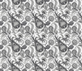 Exquisite hand drawn paisley seamless pattern in black and white for fabric textile design.