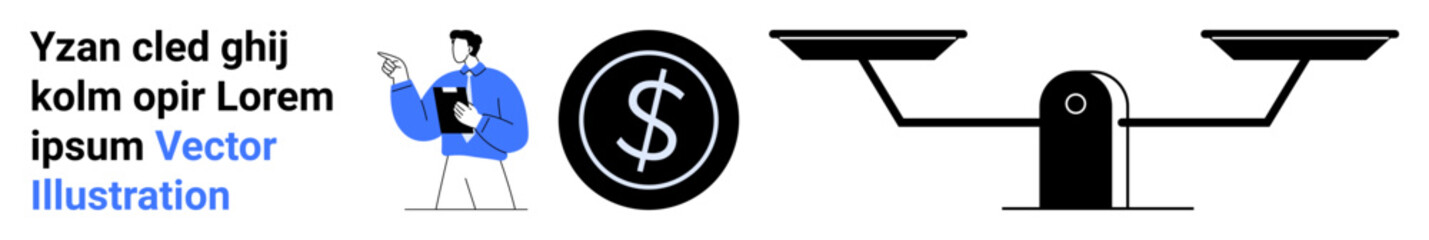 Businessperson pointing at clipboard beside currency sign and weighing scale symbolizing balance, evaluation. Ideal for finance, business strategy, money management, decision-making, education