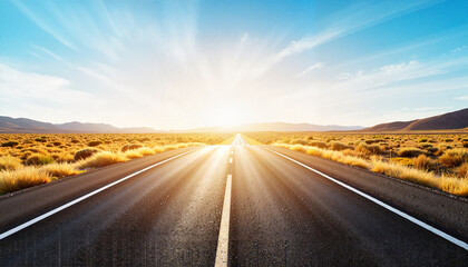 Vast open road leading towards bright sunrise in desert landscape Concept of August heatwave  
