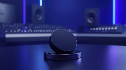 A black circular object with a white center sits on a black platform.