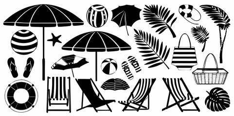 Collection of beach themed elements including umbrellas chairs bags and tropical leaves in black and white |eps vectors