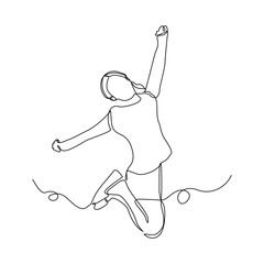 Continuous line drawing of happy kid girl children dancing and jumping. Single one sketch line childhood vector illustration editable stroke