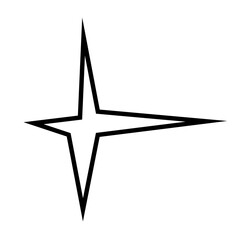 Black outline four-pointed star shape on white background. Perfect for logo design, navigation icons, and minimalist graphic elements