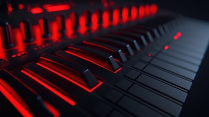Obraz premium A black and red electronic keyboard with glowing red lights.
