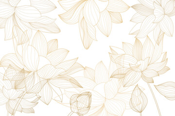 Vector leaf pattern, gold line art background. Art deco plant texture, elegant japanese graphic. Organic exotic drawing, boho flora garden illustration.