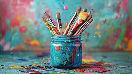 A vibrant collection of paintbrushes bursting from a colorful jar embodying artistic expression and creativity in a
