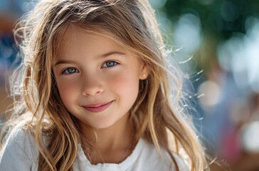 Obraz premium A young girl with long hair, dressed in white and wearing a small smile on her face, is posing for the camera outdoors under bright sunlight