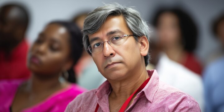 Thoughtful middle aged person in a diverse educational setting