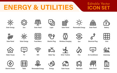 Renewable Energy and Utilities Icon Pack – Vector Line Illustrations for Solar, Wind, Electric Power, Sustainable Energy, and Environmental Designs