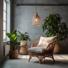 Minimalistic interior of the room in light colors in the loft style, the interior includes indoor plants in wicker pots, clear professional photo, solar lighting