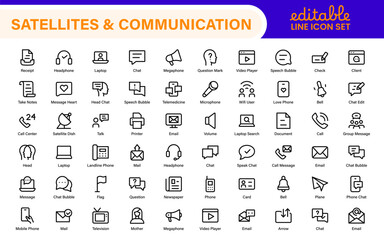 Modern Satellites and Communication Icons – Clean Outline, Line Art, Vector Illustrations for Space Exploration, Technology, and Communication Systems