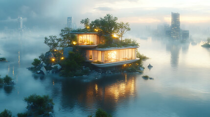 Obraz premium Suspended eco-floating home hovering over symbolic debris of collapsed buildings bright lighting sharp detail concept image 
