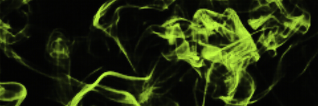 Grunge halftone overlay background with smoke or fire motion texture. Acid green color y2k aesthetics. Vector backdrop design template and creative projects