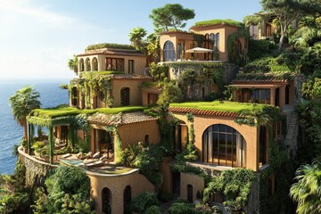 An eco-resort design combining Mediterranean-style villas with energy-efficient materials and green roofs