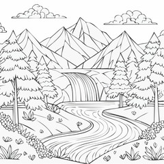 Fototapeta premium Winter landscape vector drawing with mountains, trees, and a village house