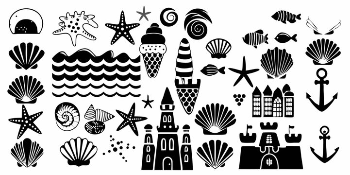 Collection of various nautical themed clip art including seashells, starfish, waves, and sea creatures |eps vectors