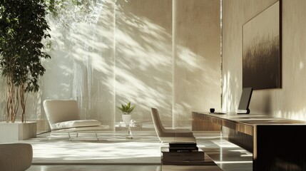 Obraz premium Light-filled workplace with elegant neutral tones, expansive collaborative surfaces, and private zones behind glass