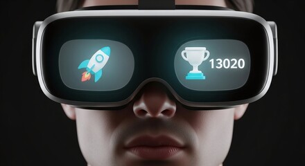 VR Headset Displaying Rocket and Trophy Achievement Score