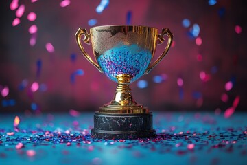 Prize trophy displayed with colorful confetti showcasing celebration and achievement in a festive atmosphere