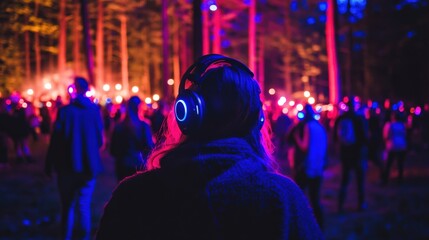 A forest silent disco under fairy lights with glowing headphones and nature-inspired music channels