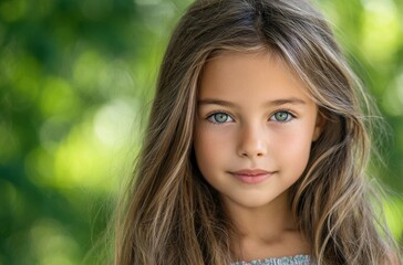 Fototapeta premium A young girl with long hair, dressed in white and wearing a small smile on her face, is posing for the camera outdoors under bright sunlight