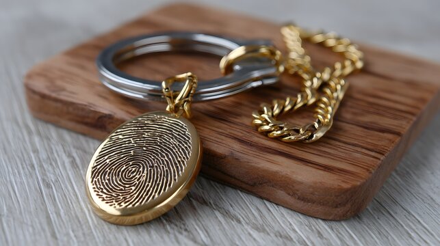 Close-up of a gold fingerprint pendant with a keychain and gold chain, set on a wooden surface against a gray background. Unique keepsake.