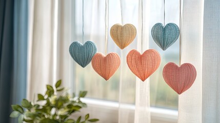 Delicate handmade heart ornaments symbols of love and home warmth gently sway in the soft light near the window with a
