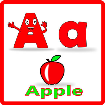 Fun and colorful flashcard featuring the letter A with a cartoon-style apple. Perfect for preschool learning and early alphabet education.