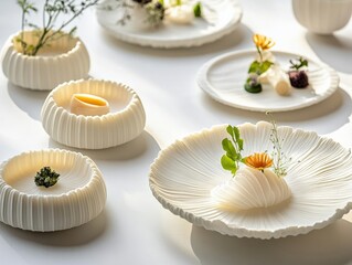 A futuristic fusion dining experience with 3D-printed food served on traditional ceramic tableware