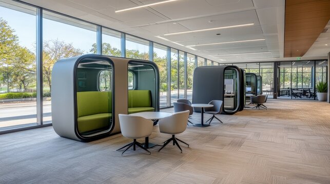 Open workspace featuring private glass pods, communal tables, and green accents blending with beige and gray design elements