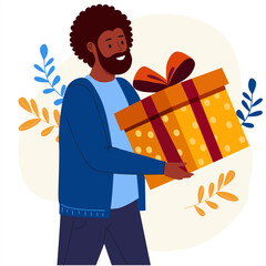 A man holding a yellow gift box with ribbon. Gift giving concept for holidays. Surprise present illustration for celebration.