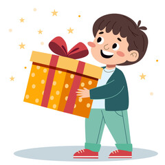 Happy boy holding a large gift box. Cartoon child with present for birthday. Holiday celebration concept. For greeting card.