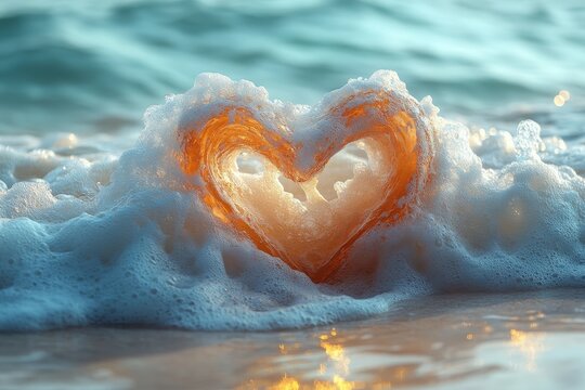 Waves form heart shape at sunset on sandy beach in a tranquil coastal setting