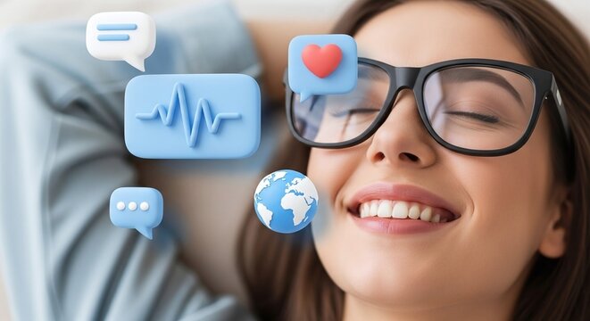 Happy woman surrounded by digital communication and emotion icons