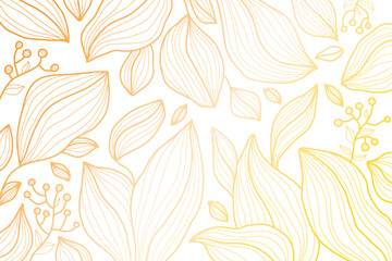 Vector leaf pattern, gold line art background. Art deco plant texture, elegant japanese graphic. Organic exotic drawing, boho flora garden illustration.